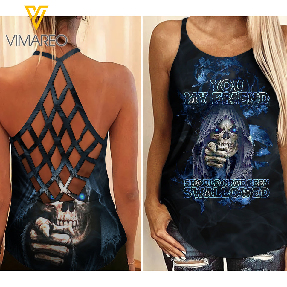 Skull flag girl Criss-Cross Open Back Camisole Tank Top 2406TQ