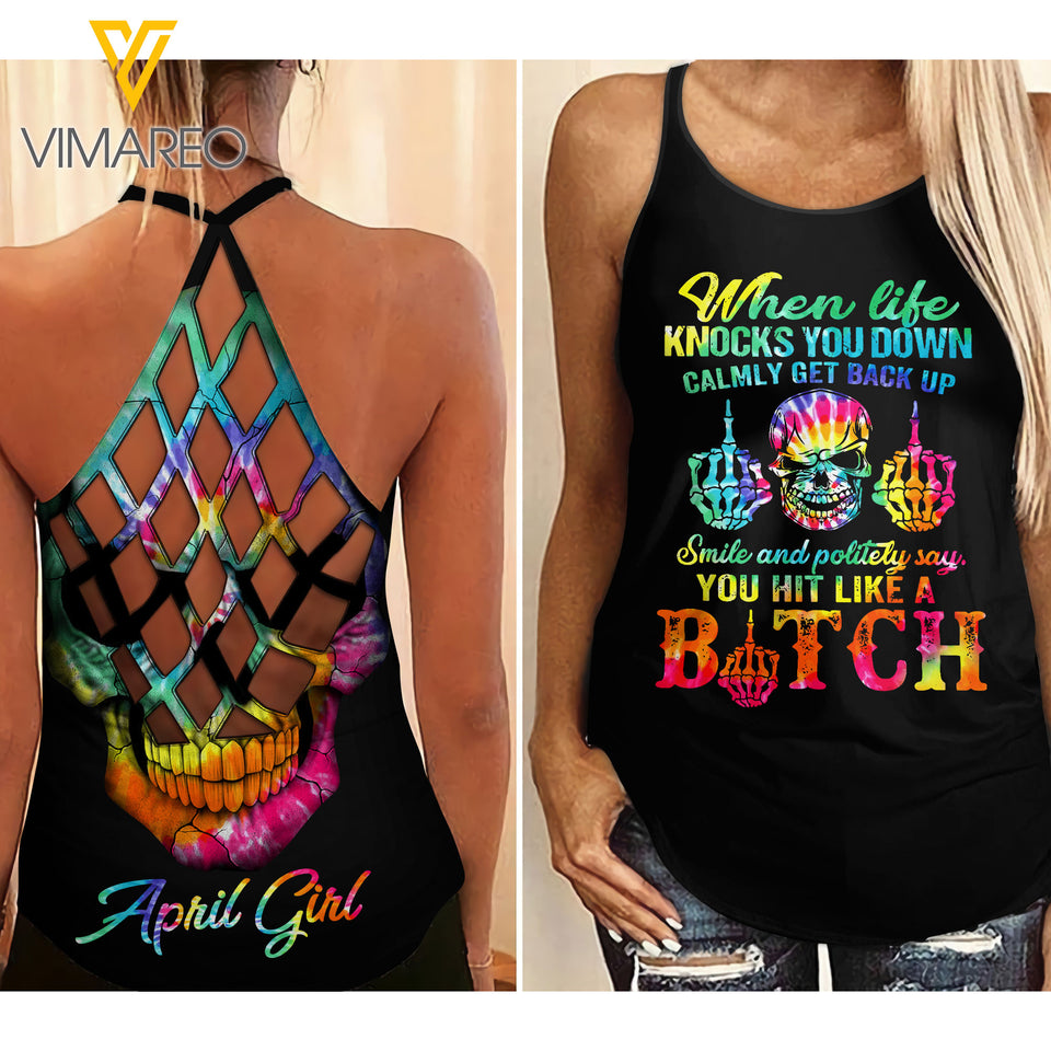 APRIL GIRL YOU HIT LIKE A B!TCH Criss-Cross Open Back Camisole Tank Top
