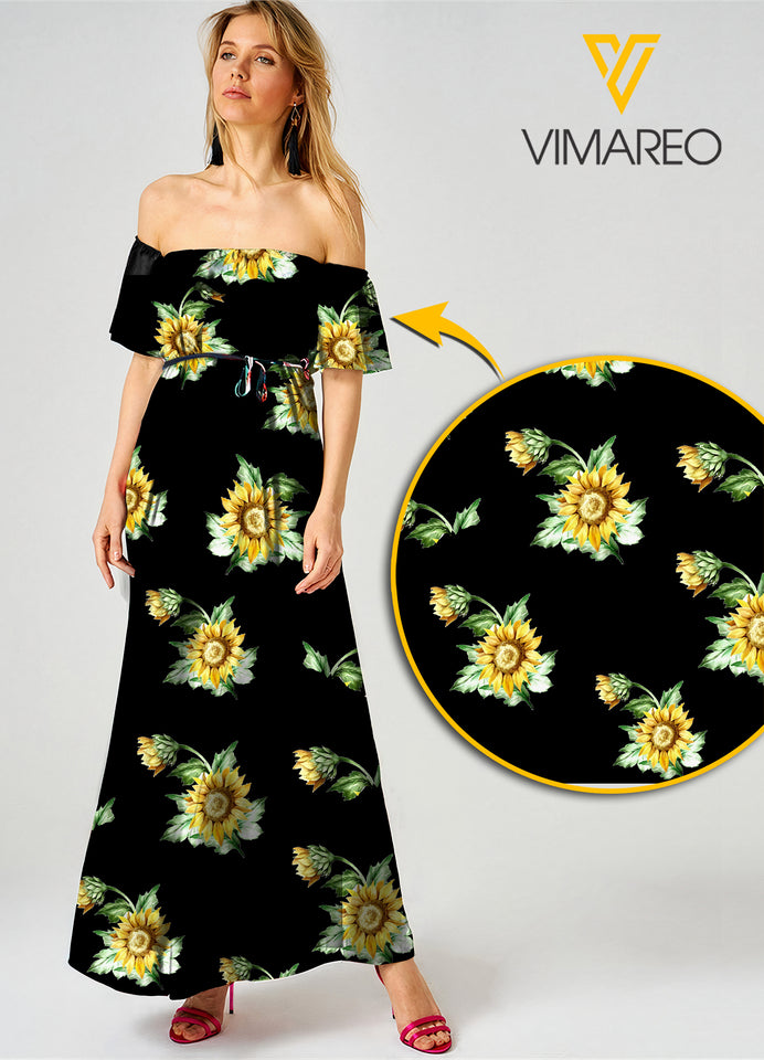 Sunflower Sexy Off the Shoulder Short Sleeve Dress Leaf Printing Casual Long Dresses Women JUE-LN16
