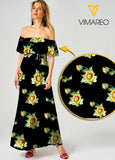 Sunflower Sexy Off the Shoulder Short Sleeve Dress Leaf Printing Casual Long Dresses Women JUE-LN16