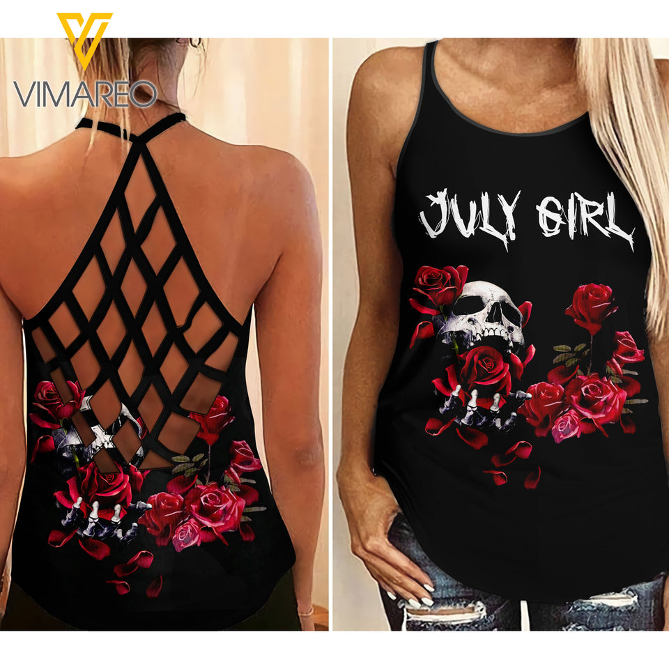 JULY GIRL SKULL Criss-Cross Open Back Camisole Tank Top TMTL64
