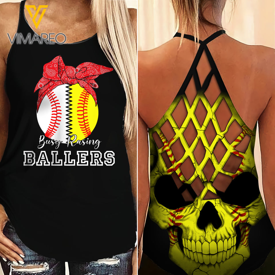BALLERS Criss-Cross Open Back Camisole Tank Top Legging TMT SKULL
