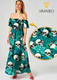 Skull Sexy Off the Shoulder Short Sleeve Dress Hawaii Beach Leaf Printing Casual Long Dresses Women JUE-MQ16