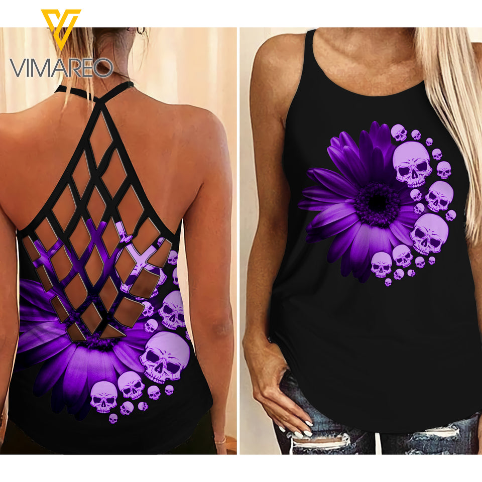 Flower Skull Criss-Cross Open Back Camisole Tank Top MAY-MQ13