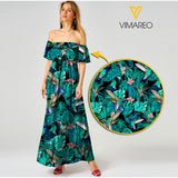 Humming Bird Sexy Off the Shoulder Short Sleeve Dress Hawaii Beach Leaf Printing Casual Long Dresses Women JUE-HQ16