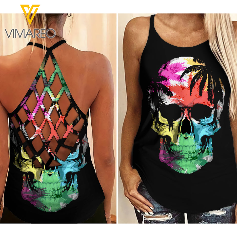 Skull Criss-Cross Open Back Camisole Tank Top JUE-QH22