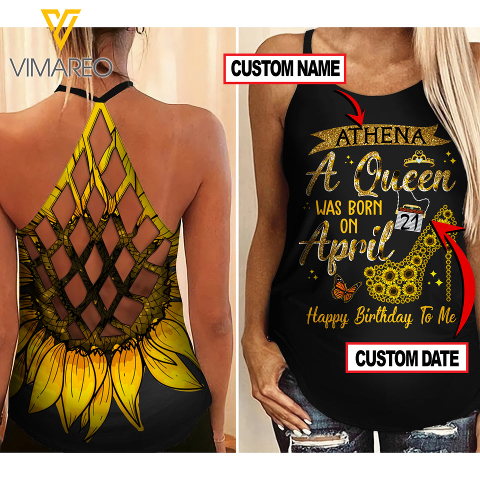 APRIL QUEEN SUNFLOWER CUSTOMIZE CRISS-CROSS OPEN BACK CAMISOLE TANK TOP