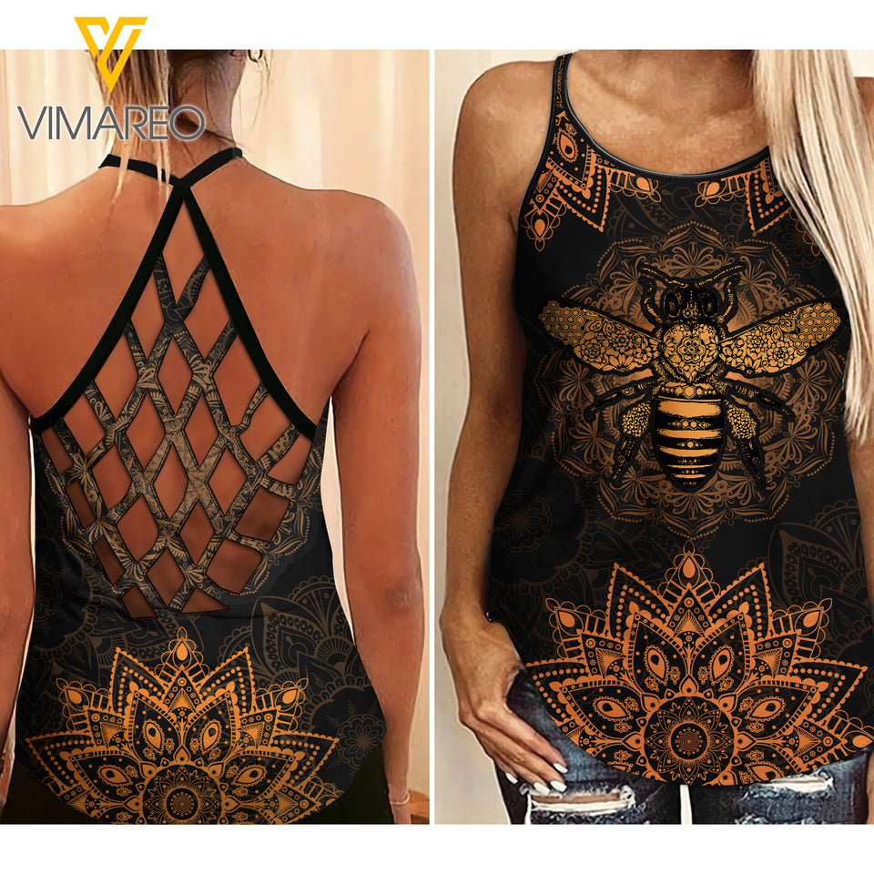 PHN Bee Mandala Criss-Cross Open Back Camisole Tank Top APR-MA15