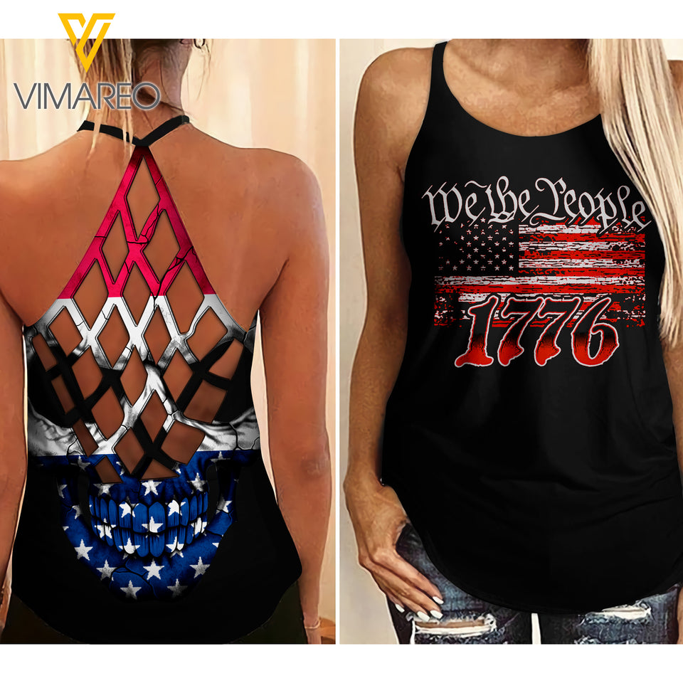 WE THE PEOPLE Criss-Cross Open Back Camisole Tank Top TMTL SKULL FLAG