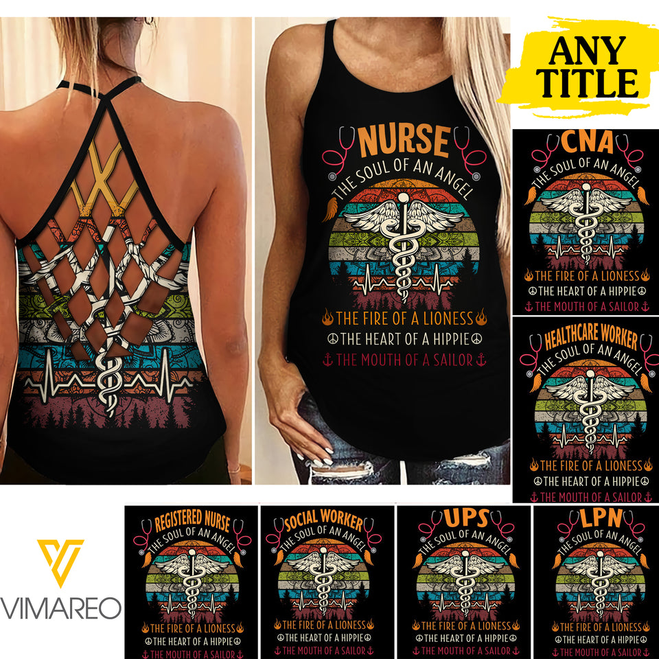 NURSE SOUL FIRE HEART MOUNTH YOGA LOVE CUSTOMIZED TITLE CRISS CROSS TANK
