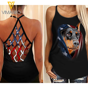PHN Doberman Dog Criss-Cross Open Back Camisole Tank Top APR-MA20
