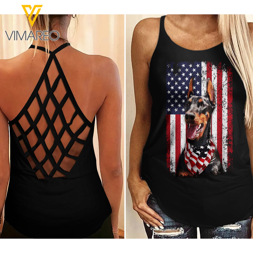 Doberman Dog Criss-Cross Open Back Camisole Tank Top APR-MA14