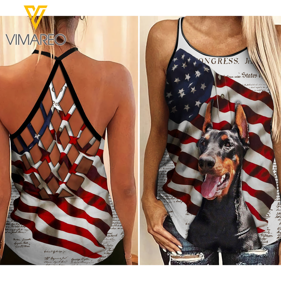 Doberman Dog Criss-Cross Open Back Camisole Tank Top APR-MA27