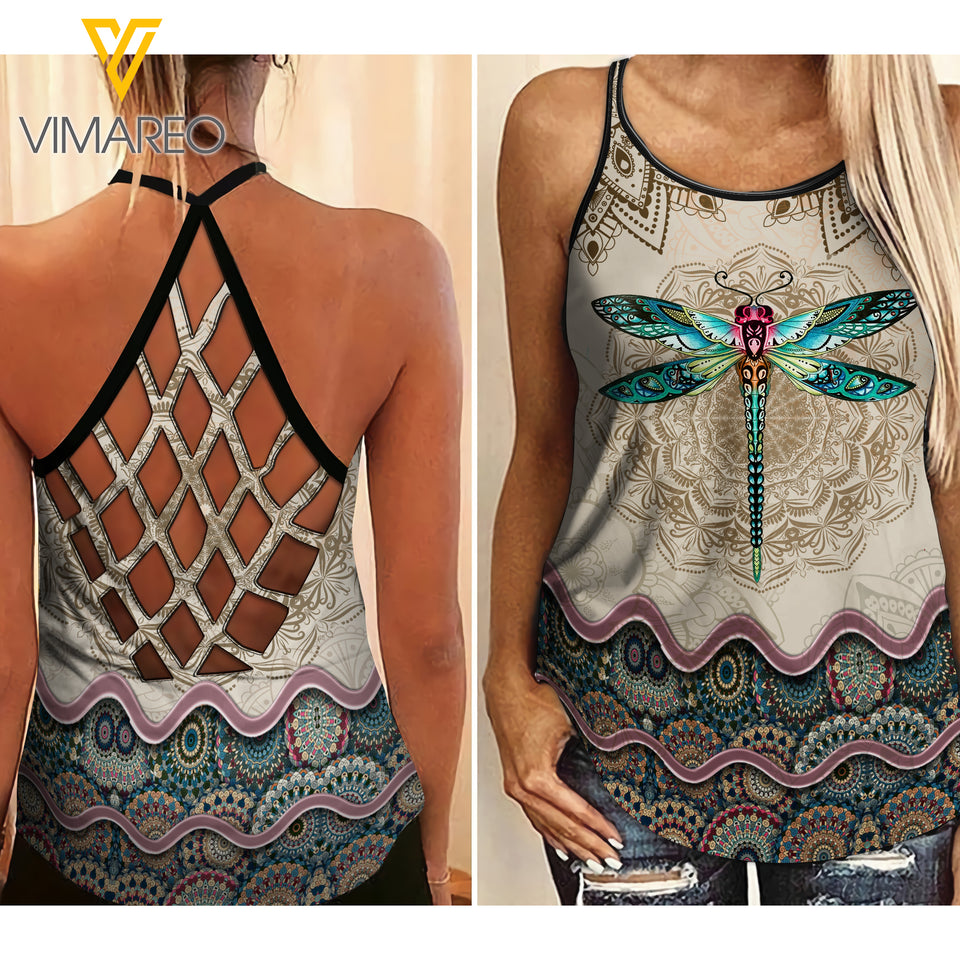 PHN Dragonfly Mandala Criss-Cross Open Back Camisole Tank Top APR-MA15