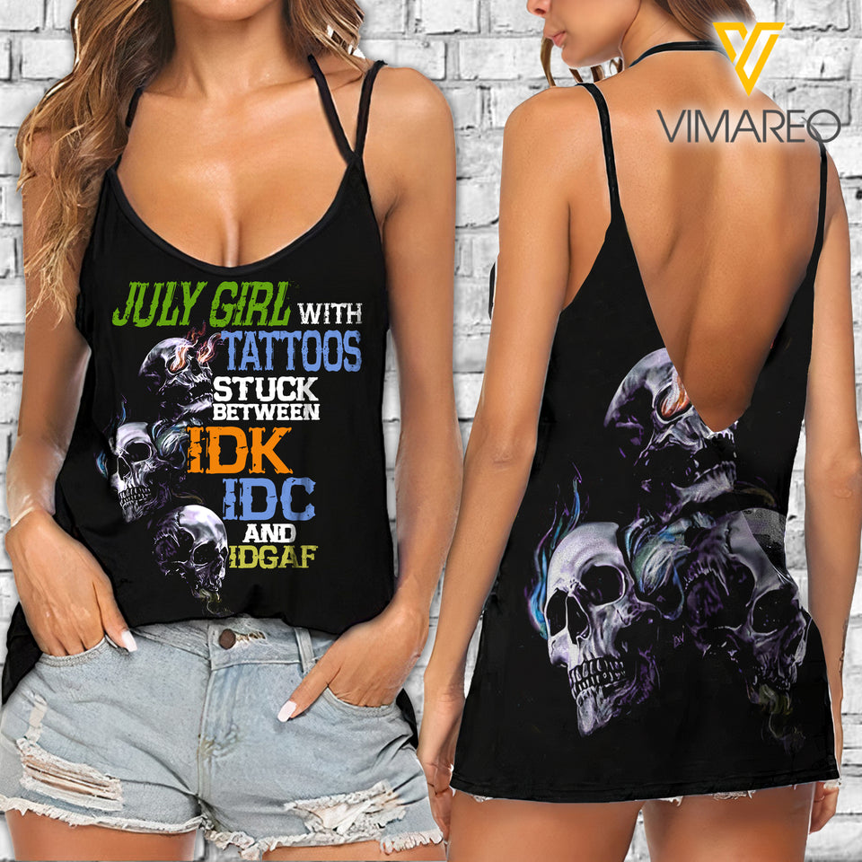 July Girl with Tattoos between IDK V Neck Halter Strap Backless Cami Tank Top