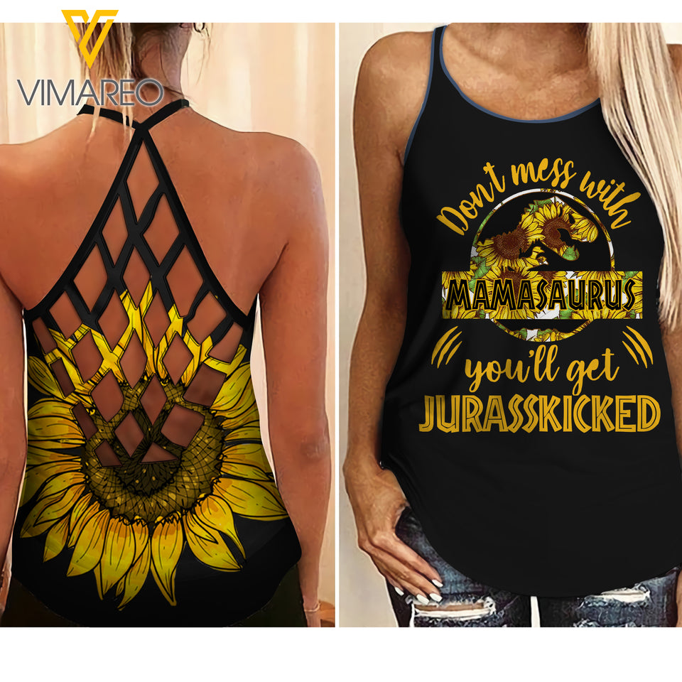 VMAH MAMASAURUS SUNFLOWER Criss-Cross Open Back Camisole Tank Top Legging MAR-MA11