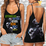 September Girl with Tattoos between IDK V Neck Halter Strap Backless Cami Tank Top