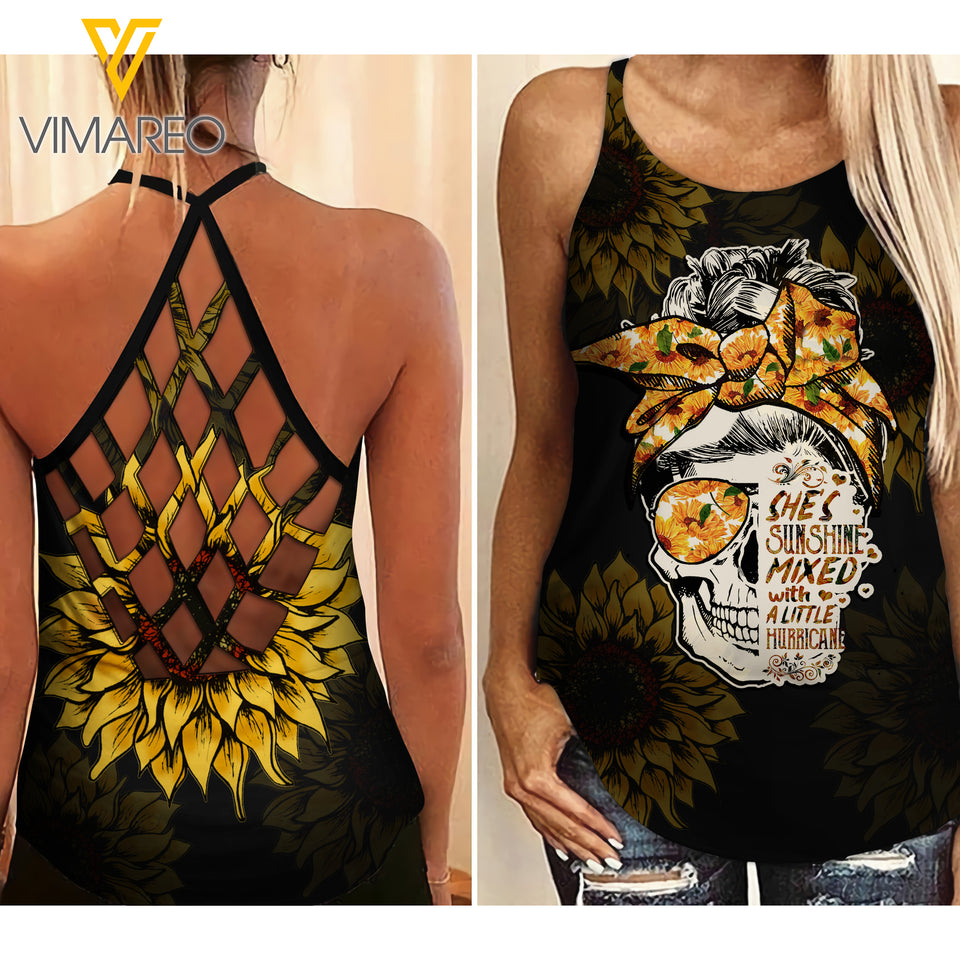 SKULL GIRL SUNFLOWER CRISS-CROSS OPEN BACK CAMISOLE TANK TOP