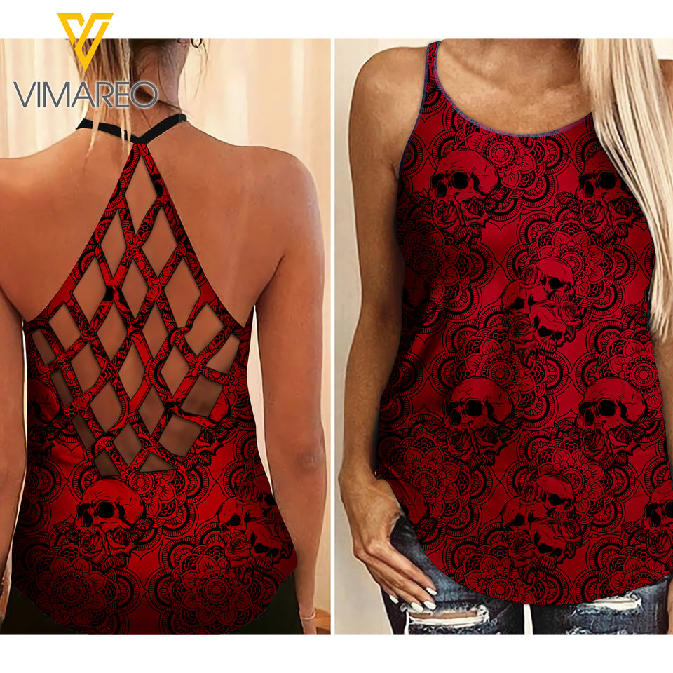 RED SKULL MANDALA CRISS-CROSS OPEN BACK CAMISOLE TANK TOP LC