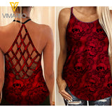 RED SKULL MANDALA CRISS-CROSS OPEN BACK CAMISOLE TANK TOP LC