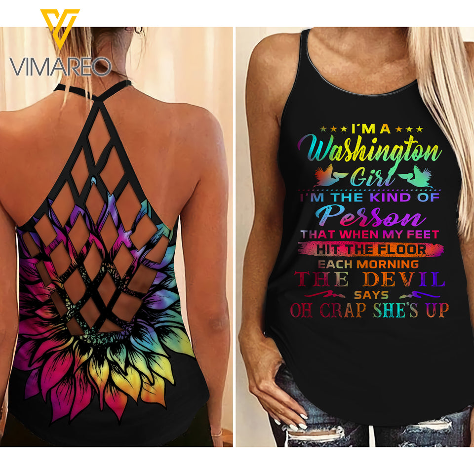 Washington Girl With Sunflower Criss-Cross Open Back Camisole Tank Top/ Legging