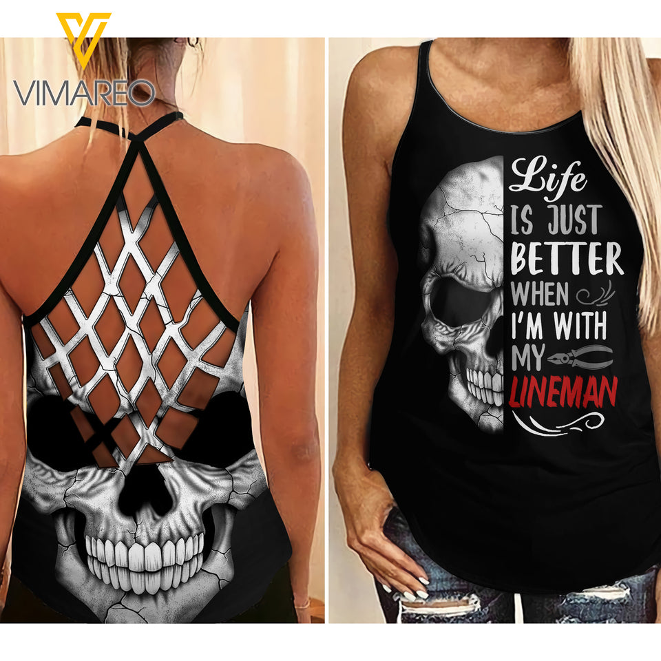 lineman WIFE Criss-Cross Open Back Camisole Tank Top