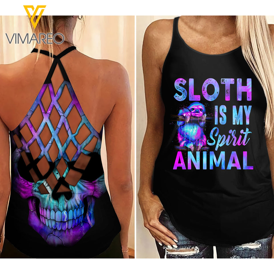 Sloth Skull Hippie Criss-Cross Open Back Camisole Tank Top
