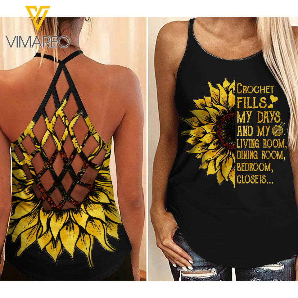 Crochet Sunflower Criss-Cross Open Back Camisole Tank Top
