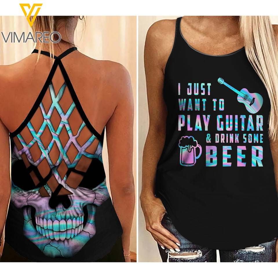 GUITAR AND BEER GIRL CRISS-CROSS TANK TOP SKULL