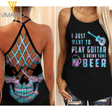 GUITAR AND BEER GIRL CRISS-CROSS TANK TOP SKULL
