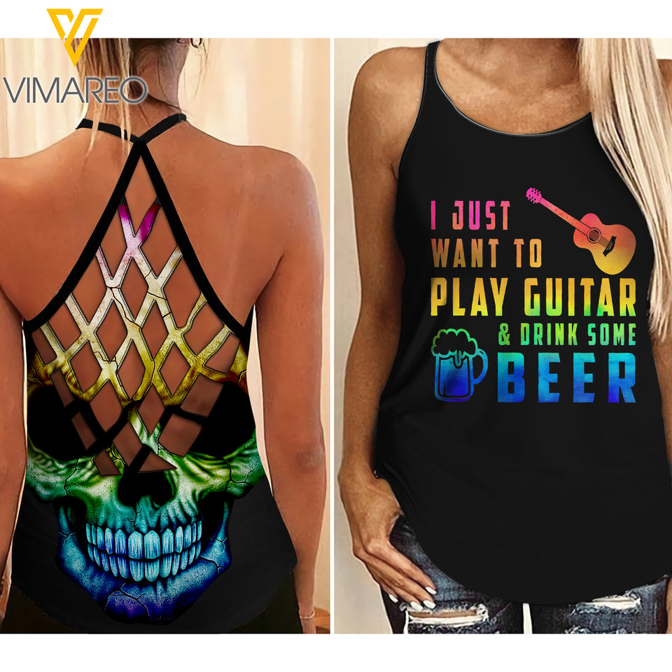 GUITAR AND BEER GIRL CRISS-CROSS TANK TOP SKULL