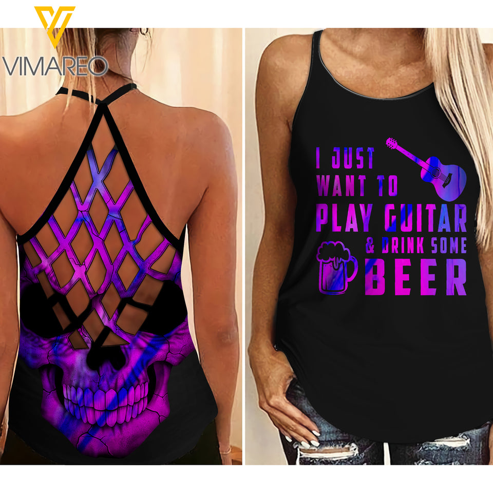 GUITAR AND BEER GIRL CRISS-CROSS TANK TOP SKULL
