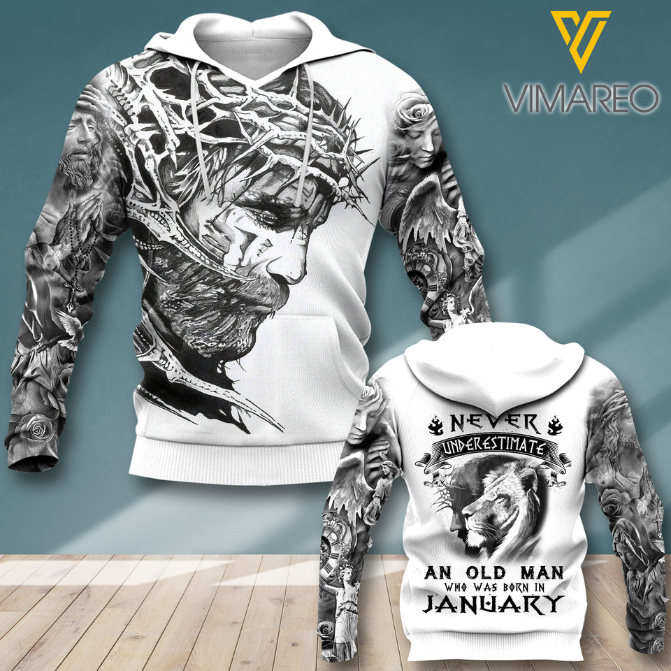 NEVER UNDERESTIMATE AN OLD MAN WHO WAS BORN IN JANUARY JESUS HOODIE QTVQ0601