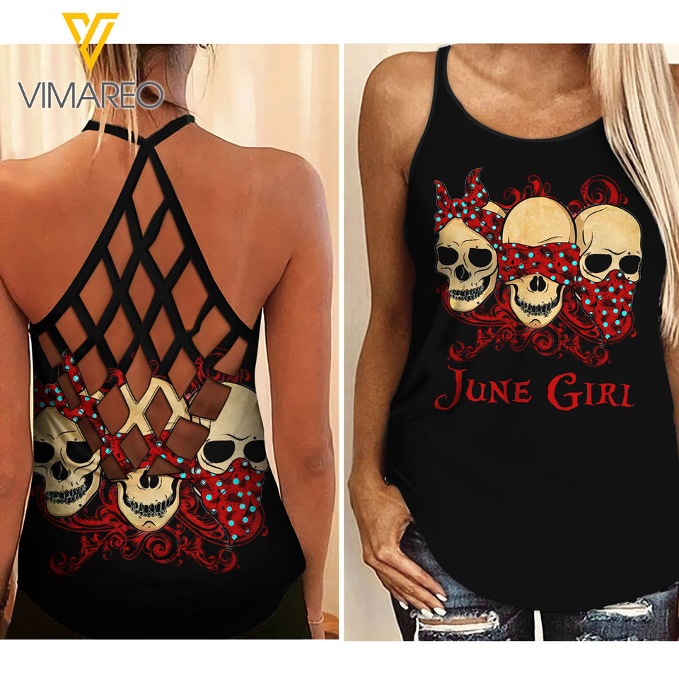 June Skull girl Criss-Cross Open Back Camisole Tank Top