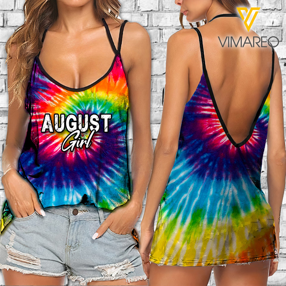 August Girl V Neck Halter Strap Backless Cami Tank Top Tie Dye