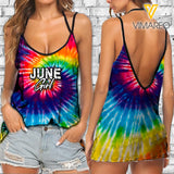 June Girl V Neck Halter Strap Backless Cami Tank Top Tie Dye