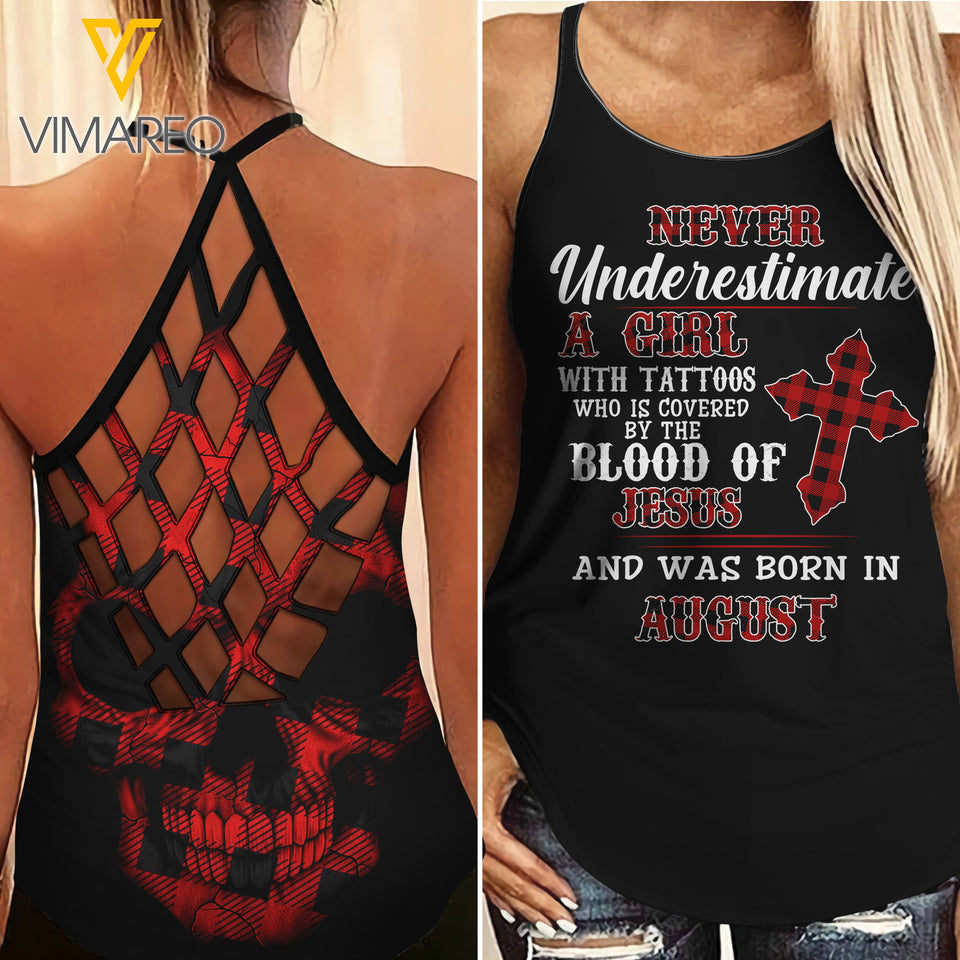 Never underestimate August girt with tattoos Criss-Cross Open Back Camisole Tank Top