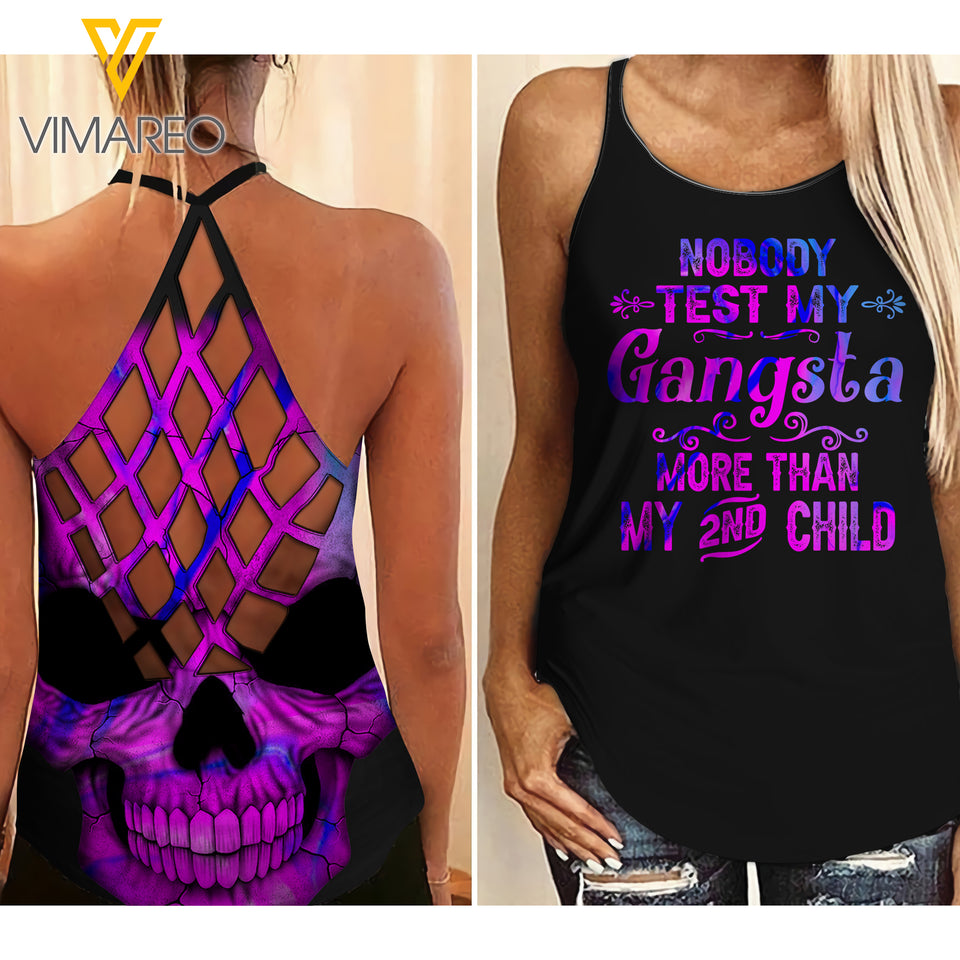 My gangsta test Criss-Cross Open Back Camisole Tank Top Legging SKull
