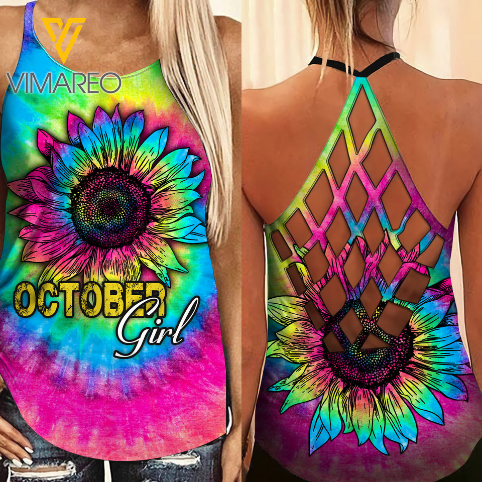 October Girl-Sunflower tie dye Criss-Cross Open Back Camisole Tank Top Legging
