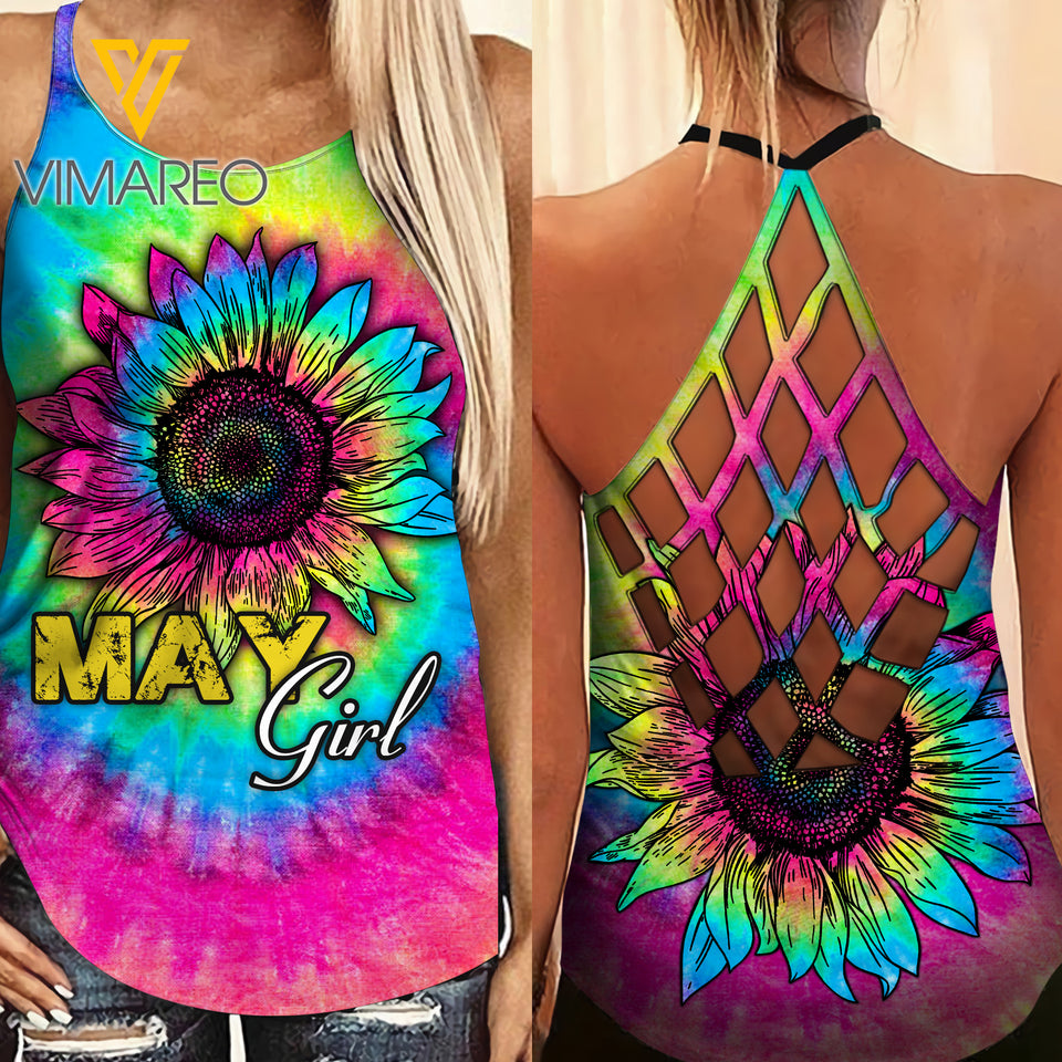 May Girl-Sunflower tie dye Criss-Cross Open Back Camisole Tank Top Legging
