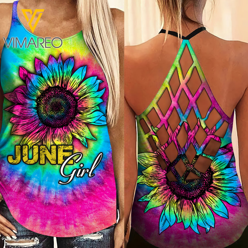 June Girl-Sunflower tie dye Criss-Cross Open Back Camisole Tank Top Legging