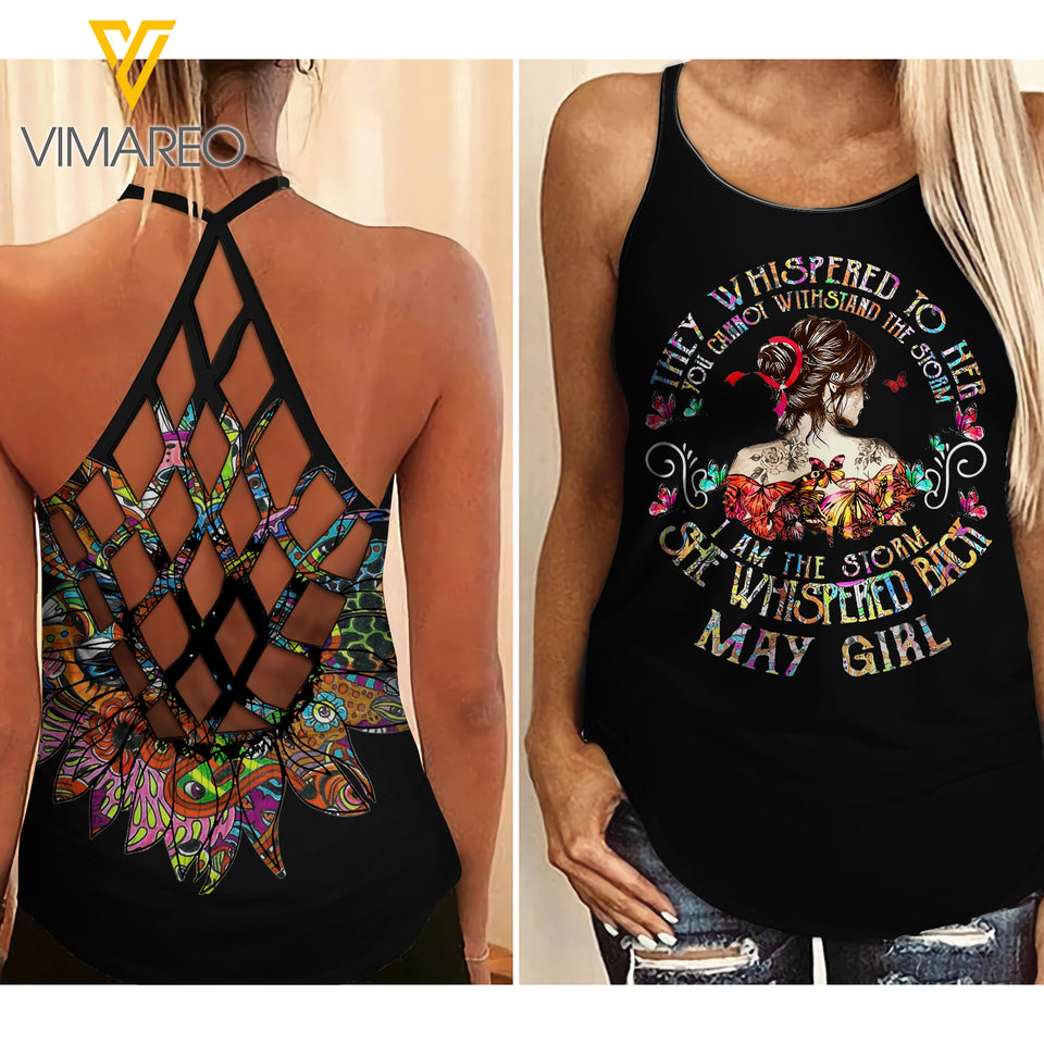 May girl Criss-Cross Open Back Camisole Tank Top Legging WHIS