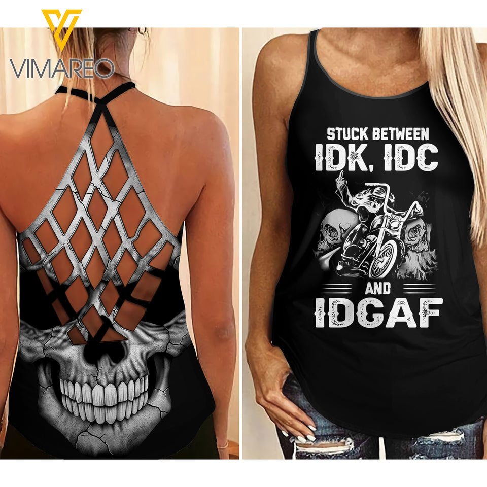 MOTOCROSS IDK IDC IDCAF SKULL CRISS-CROSS TANK TOP 1