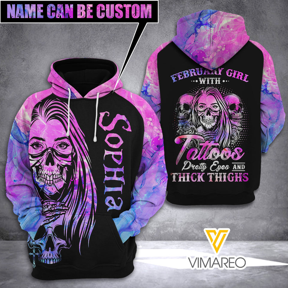 PERSONALIZED FEBRUARY GIRL TATOOS SKULL HOODIE 3D PRINTED TNVQ0802