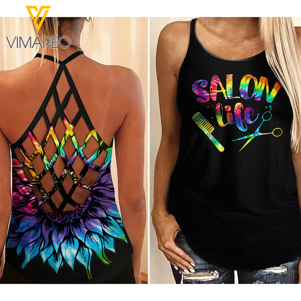 SALON LIFE HAIR STYLIST  CRISS-CROSS OPEN BACK CAMISOLE TANK TOP SUNFLOWER