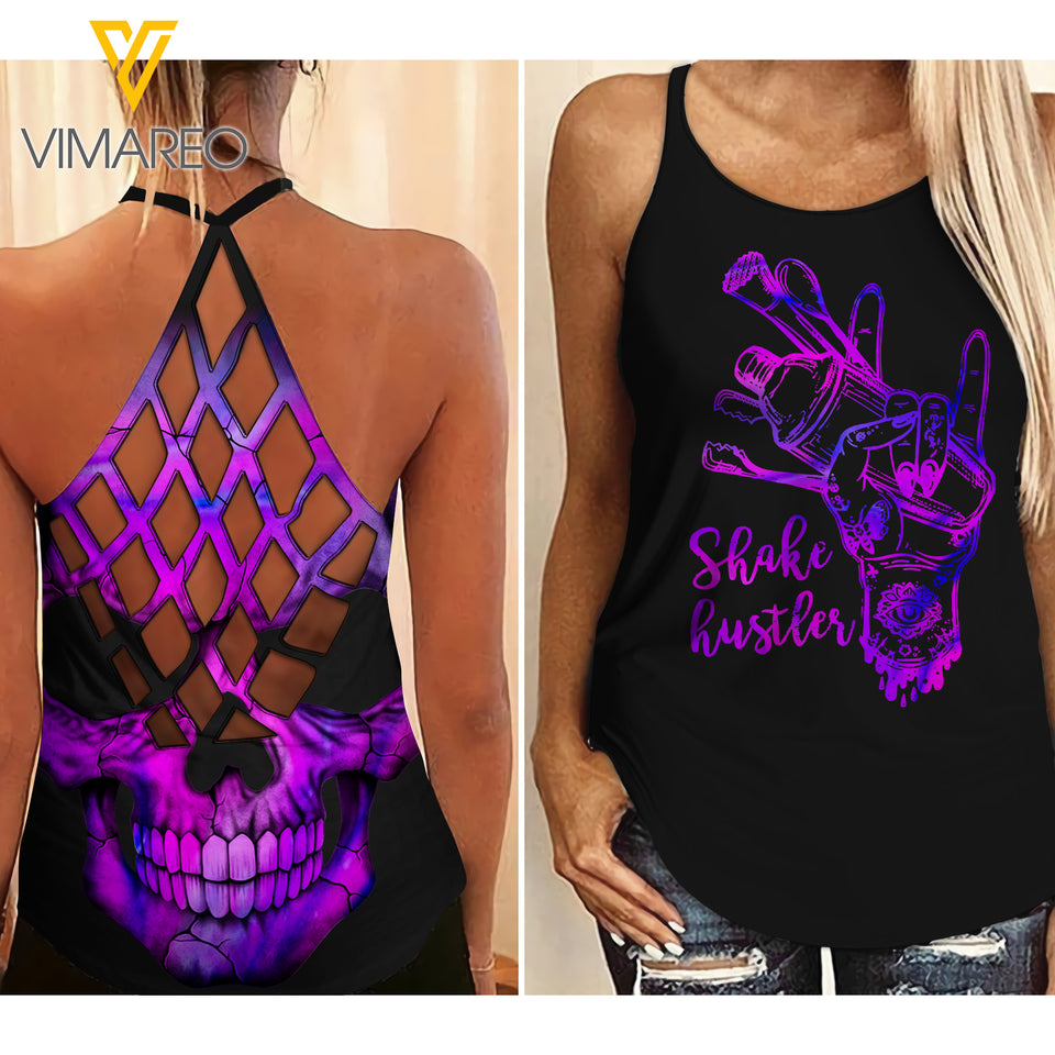 BARTENDER GIRL CRISS-CROSS OPEN BACK CAMISOLE TANK TOP SKULL