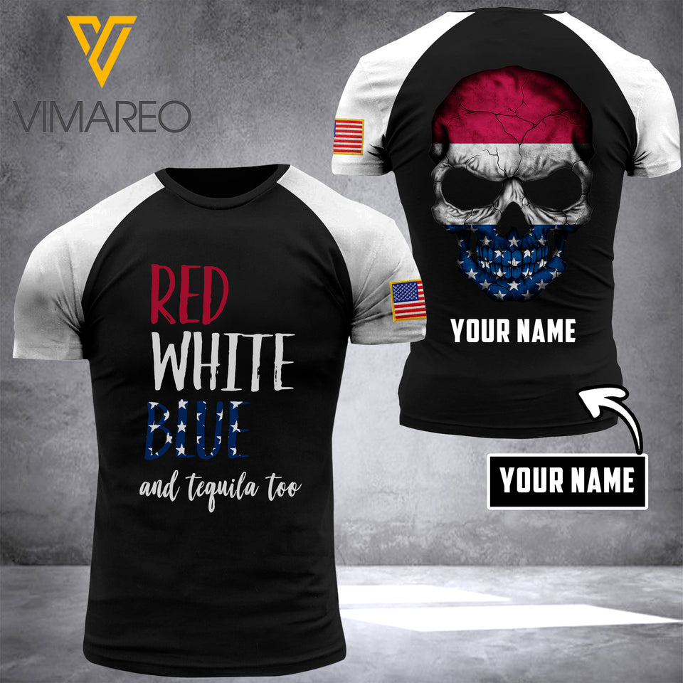 RED WHITE BLUE TEQUILA T SHIRT 3D PRINTED SKULL