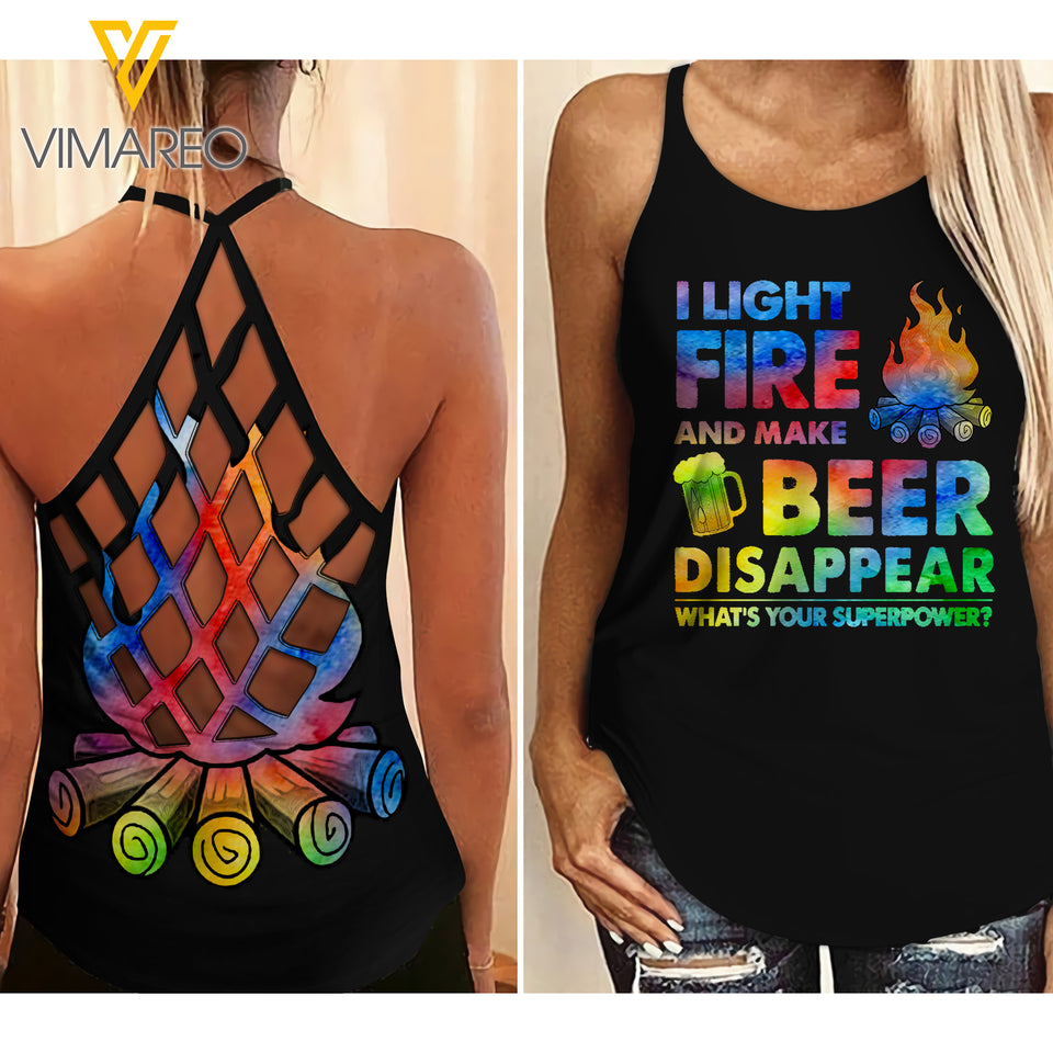 LIGHT FIRE AND BEER DISAPPEAR CRISS-CROSS TANK TOP