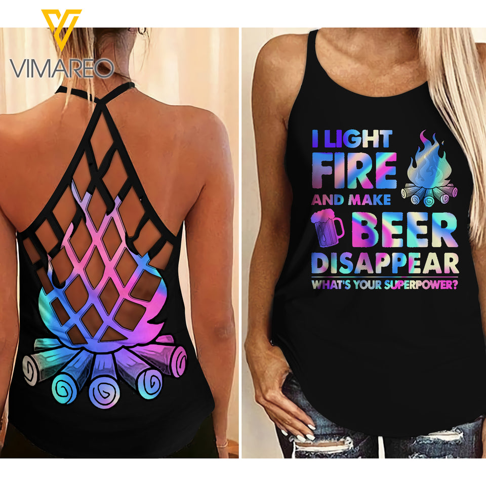LIGHT FIRE AND BEER DISAPPEAR CRISS-CROSS TANK TOP