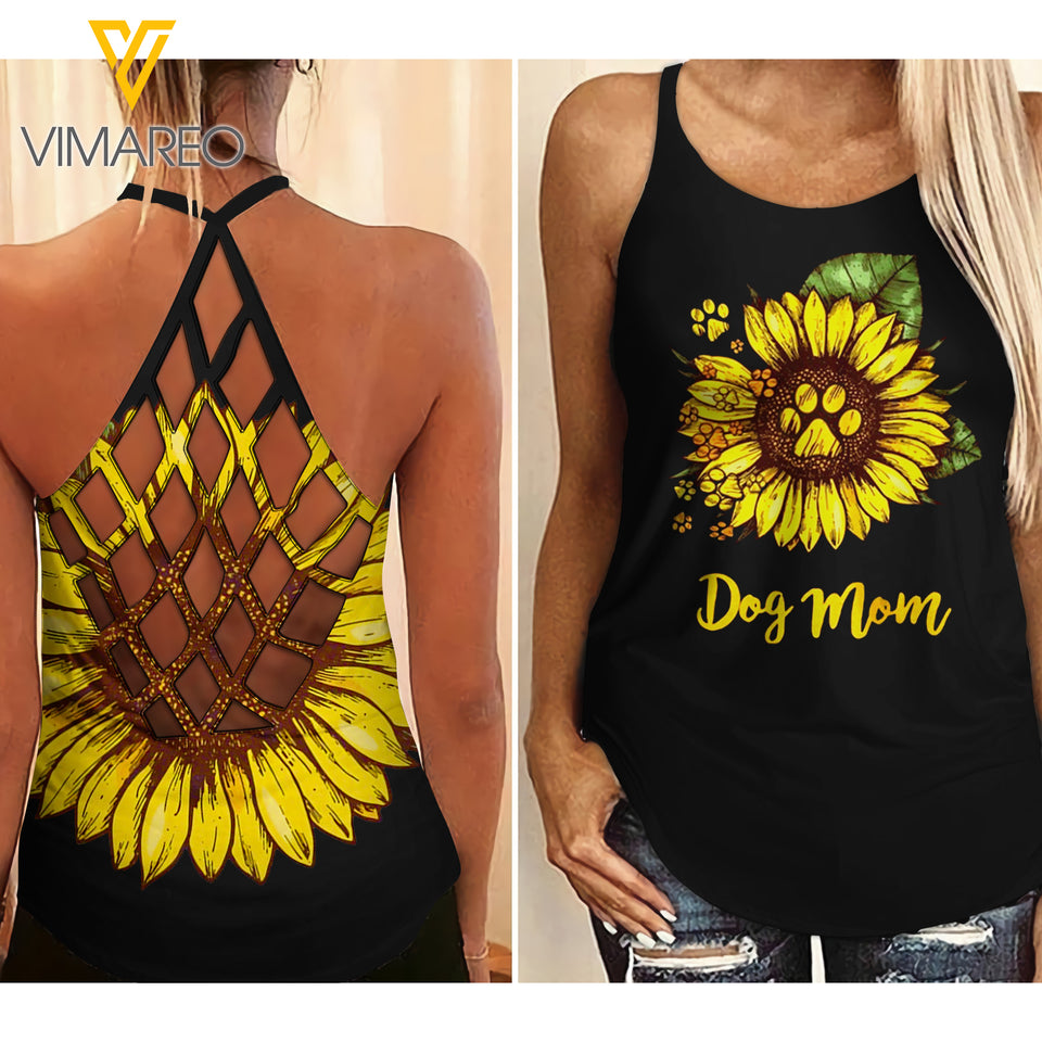 Dog Mom Sunflower Criss-Cross Open Back Camisole Tank Top